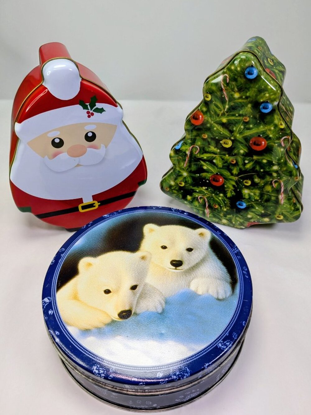 Holiday (3) Metal Tins Santa & Tree Shaped, Polar Bear Round Decorative Storage